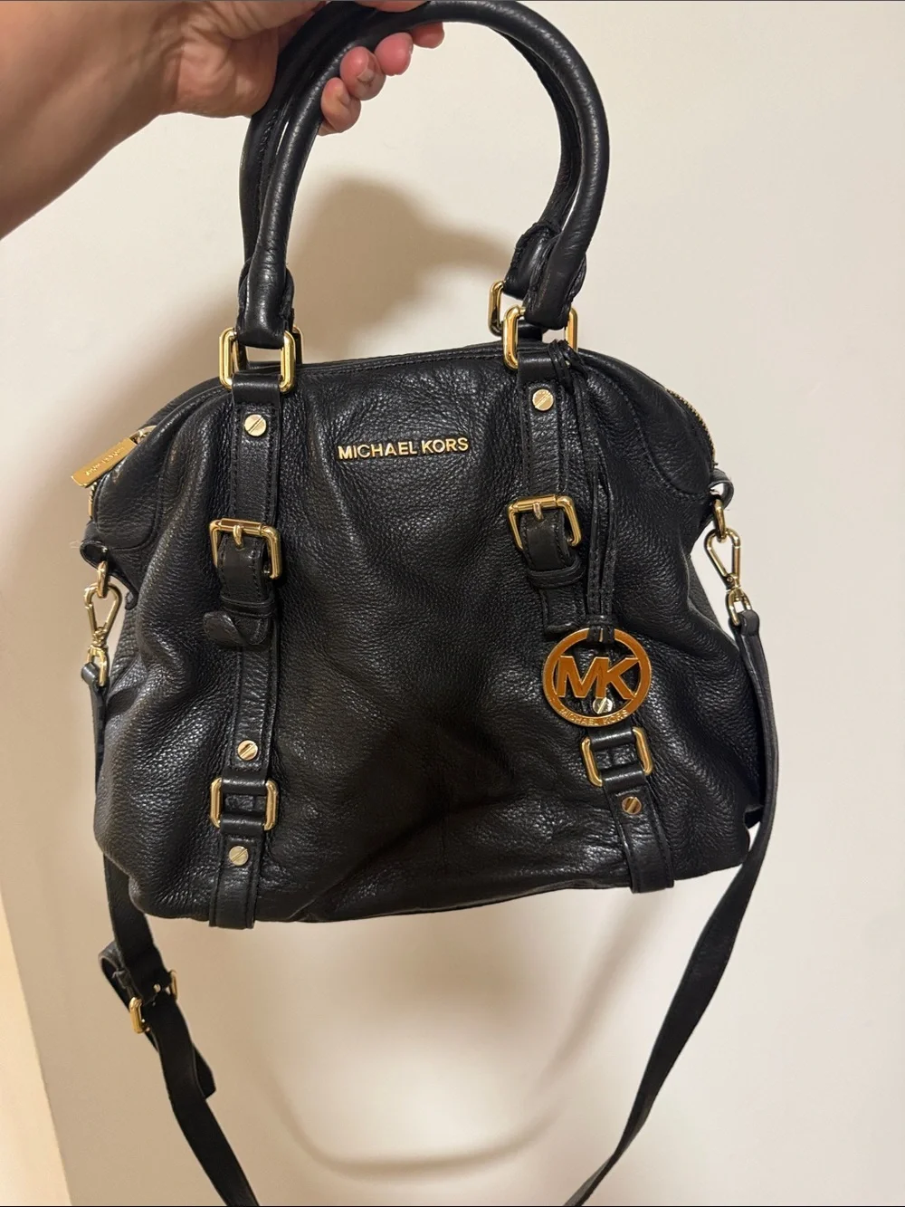 Michael Kors Black Pebbled Leather Shoulder Satchel with Gold Hardware